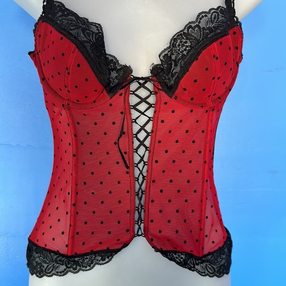Red Black Bustier Corset Size Medium Rear Hook & Eye Lingerie Gothic Sexy Top - Picture 2 of 4